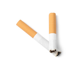 Two cigarette butts isolated on white, top view. Smoking habit