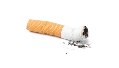 One cigarette butt isolated on white. Smoking habit
