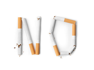 Word NO made with cigarette butts isolated on white, top view