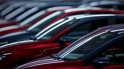 Red And Black Cars In A Row Showing Shiny Metallic Finish Under Bright Lighting