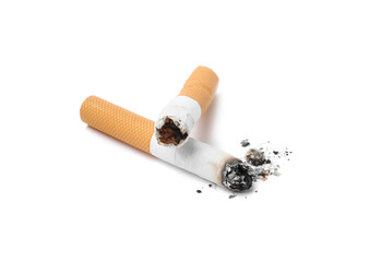 Two cigarette butts isolated on white. Smoking habit