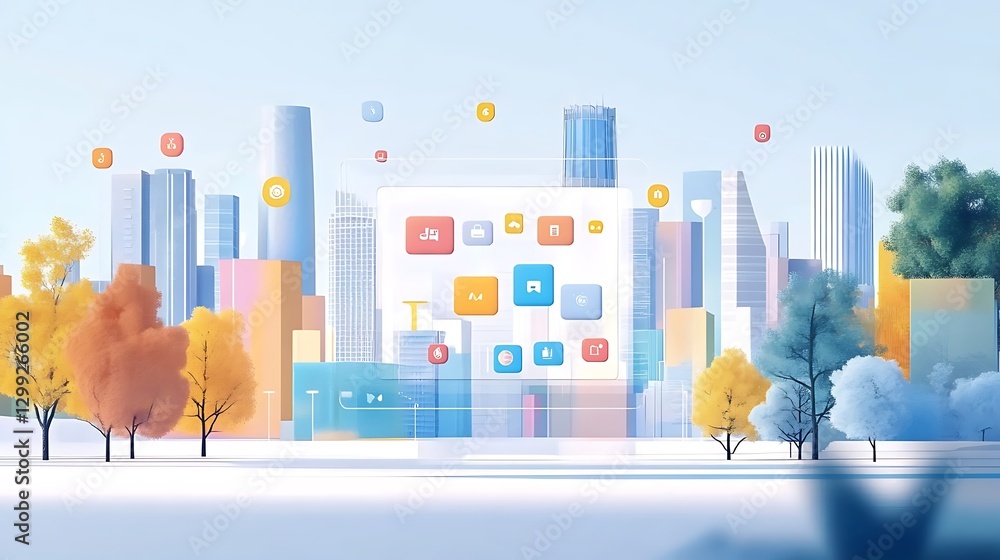 Poster a minimalist background showcasing a transparent touchscreen display with vibrant icons and a citysc