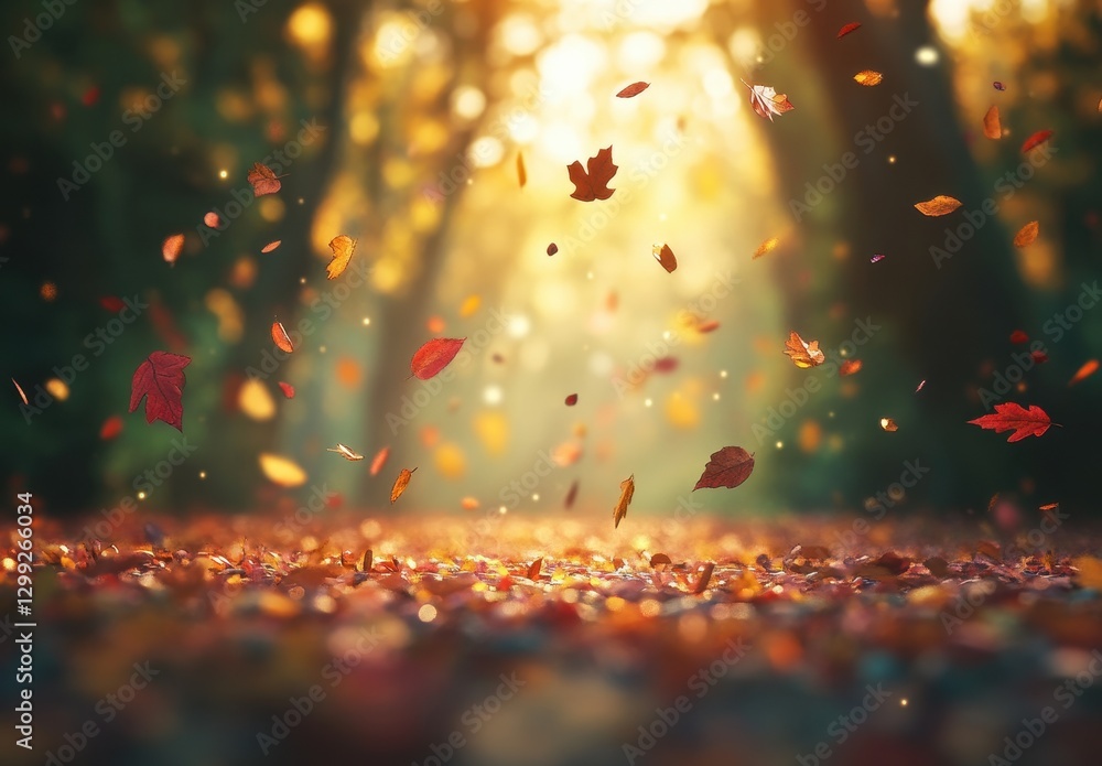 Poster beautiful autumn scene with falling leaves and soft warm light in a forest setting capturing the ess