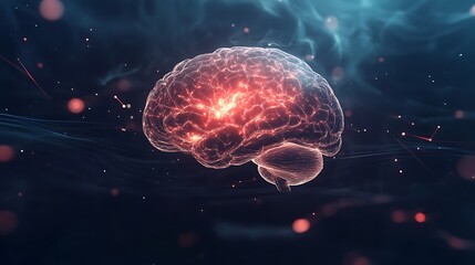 A sleek background with a floating, digital hologram of a human brain, highlighting neural pathways