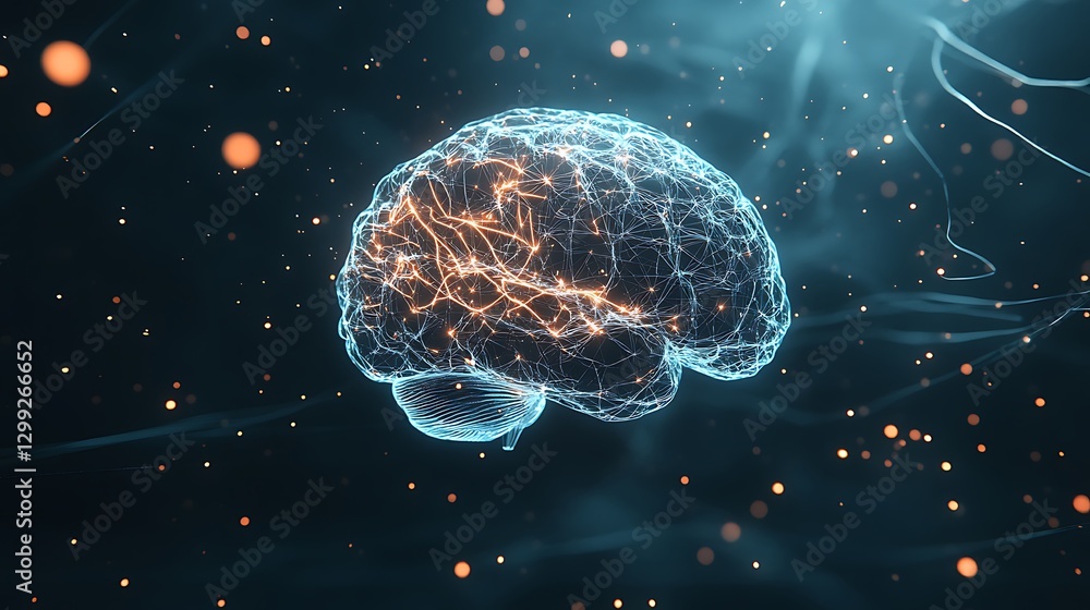 Poster a sleek background with a floating, digital hologram of a human brain, highlighting neural pathways