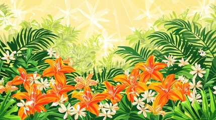 Tropical orange lilies, lush foliage, sunny background; ideal for summer designs