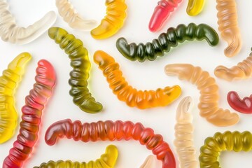 Naklejka premium Colorful gummy worms on white background food photography fun concept