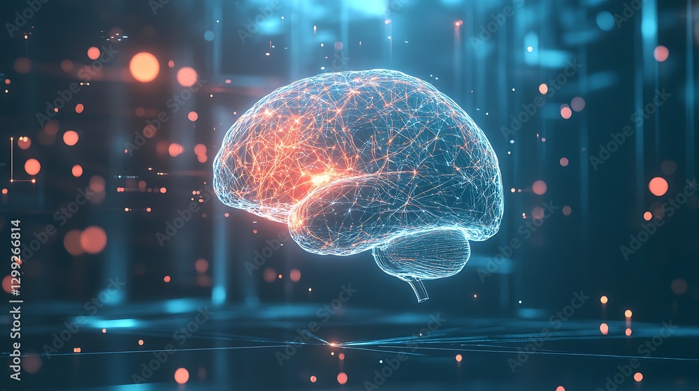 Poster a sleek background with a floating, digital hologram of a human brain, highlighting neural pathways