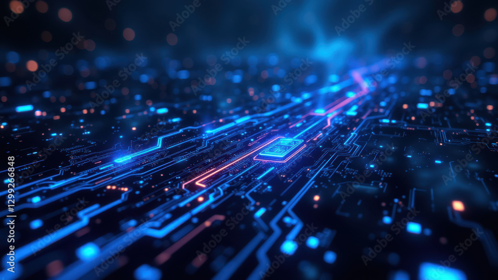 Aufkleber a futuristic digital landscape with neon blue lights, representing a network of interconnected compo