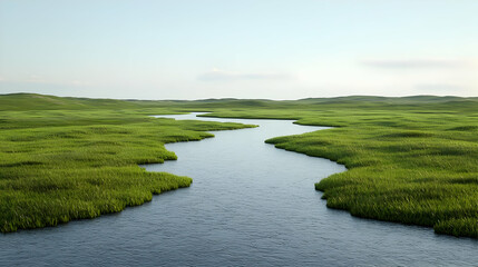 Fototapeta premium Serene River Flowing Through Lush Green Landscape Under Clear Blue Sky