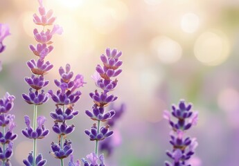 Obraz premium Beautiful lavender flowers blooming in a serene garden setting under soft sunlight with blurred background creating a dreamy atmosphere