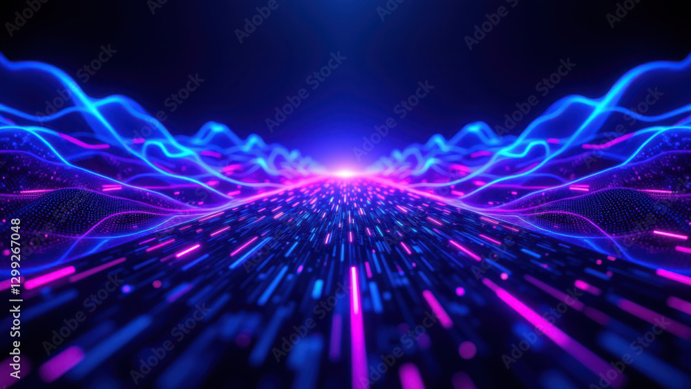Poster a dynamic visual representation of a ci/cd pipeline with bright neon lights, highlighting its contin