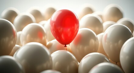 Single red balloon stands out among many white balloons