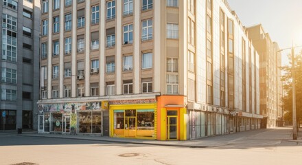 Obraz premium Modern apartment buildings and shops on sunny day