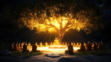 Buddha's First Sermon Under a Glowing Tree with Disciples Around. Generative AI