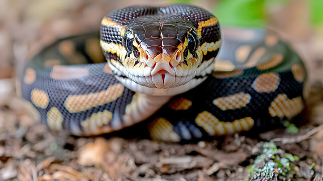Ball python coiled, forest floor, close-up, nature wildlife