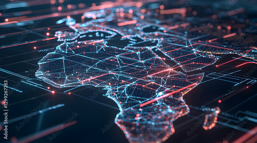 Poster digital world map illuminated with blue and red lines showing network connections