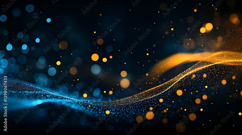Poster abstract digital visualization with blue and orange wavy particle streams on dark background