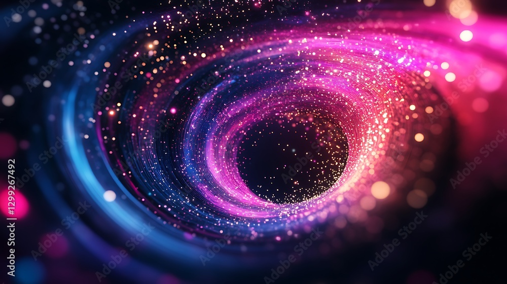 Poster an abstract background with a swirling, neon vortex of digital particles and geometric shapes