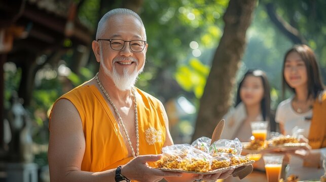 Buddhist monk serving food and drinks during a charitable event with a warm smile and welcoming atmosphere. Generative AI