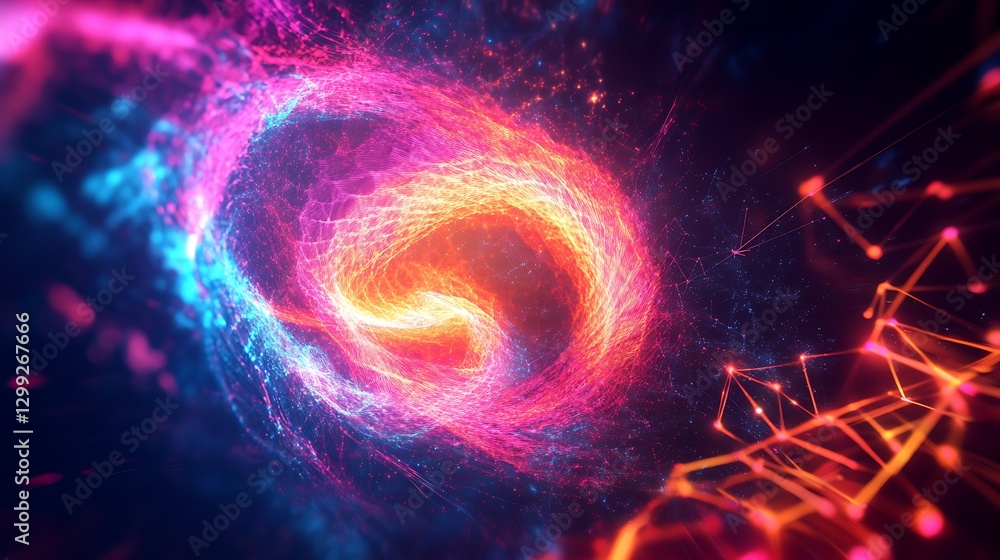 Poster an abstract background with a swirling, neon vortex of digital particles and geometric shapes