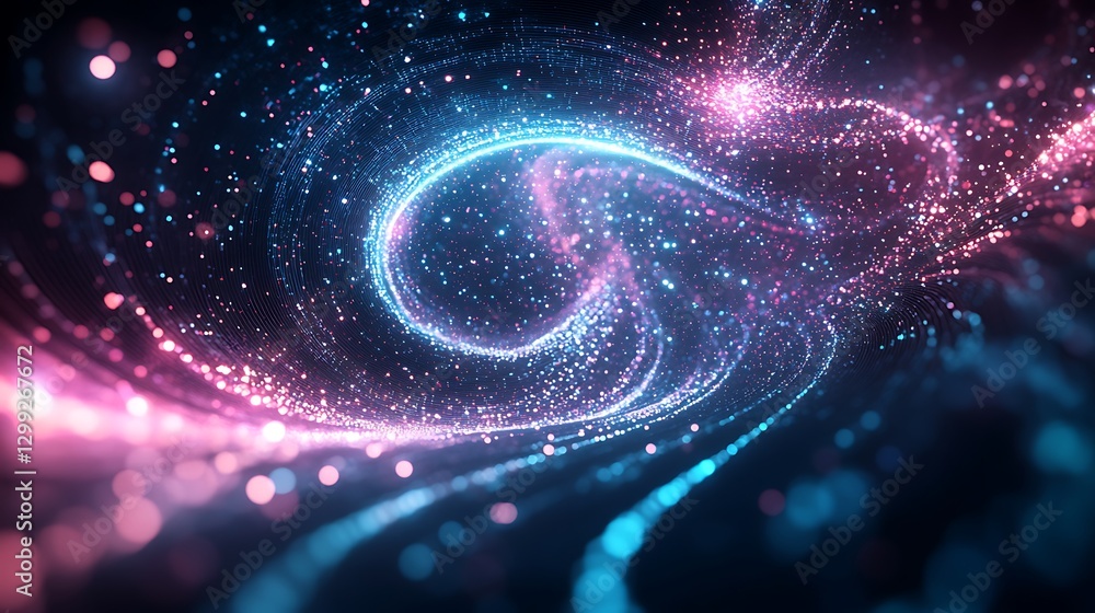 Poster an abstract background with a swirling, neon vortex of digital particles and geometric shapes
