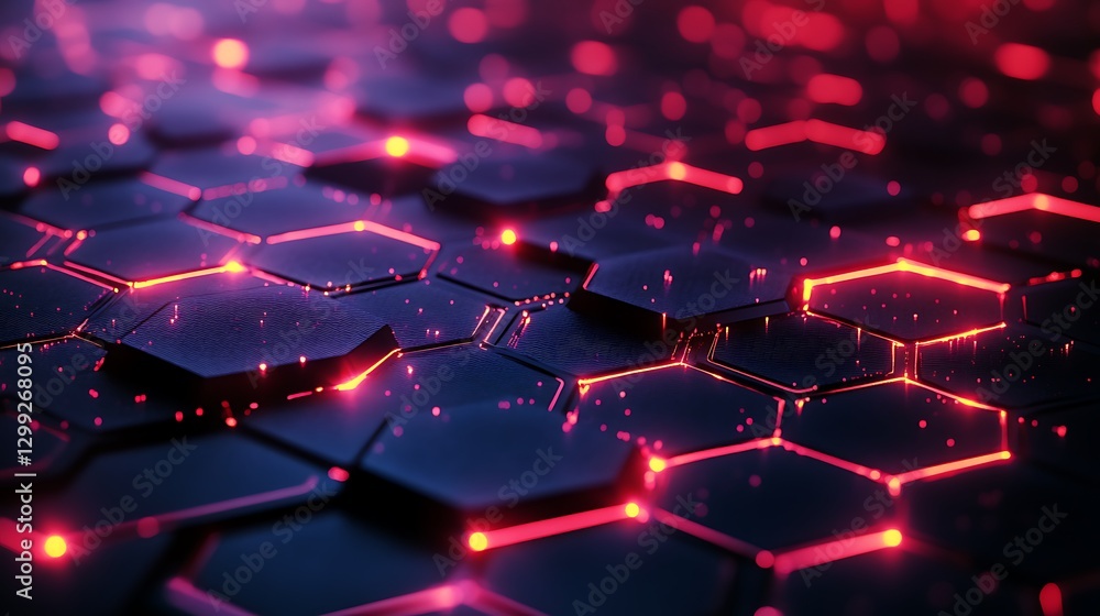 Poster an abstract background with interconnected, glowing hexagons forming a complex network