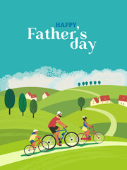 Happy Fathers Day family fun activity vector poster. Dad and kids, daughter, son ride bikes in countryside background. Parent, children enjoy leisure time together. Fathers Day Adventure illustration
