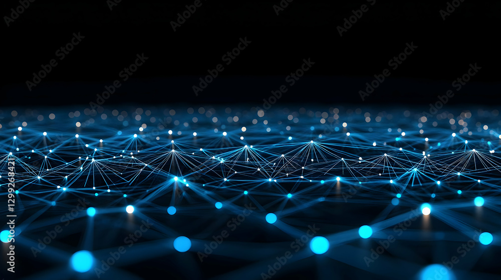 Poster abstract digital network with glowing blue nodes and lines on a dark background