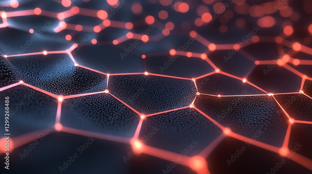 Poster an abstract background with interconnected, glowing hexagons forming a complex network