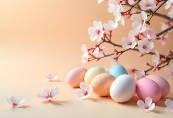 A charming bouquet of pastel Easter eggs nested in tulips on a pink table, conveying a sense of spring and renewal. top view