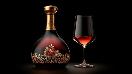 A luxurious bottle of amber liquid stands beside an elegant glass, both illuminated against a dark background, emphasizing their intricate design and rich color.