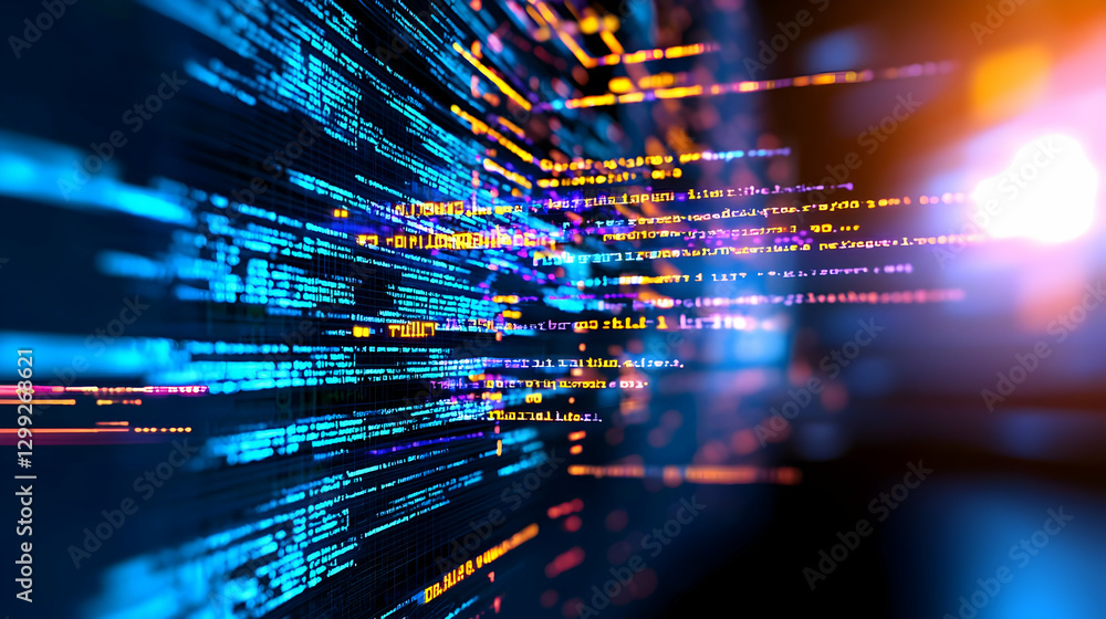 Poster abstract digital data stream with blue and orange light and pixels