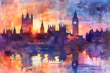 Fototapeta premium Big Ben and Houses of Parliament on watercolor background, London, UK