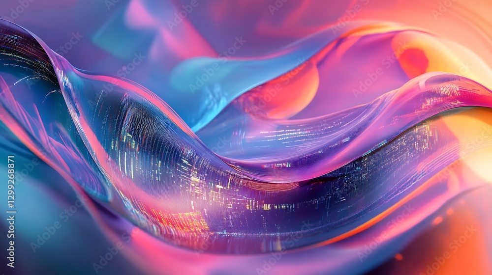 Poster an abstract background with swirling, neon-colored waves of data and light particles