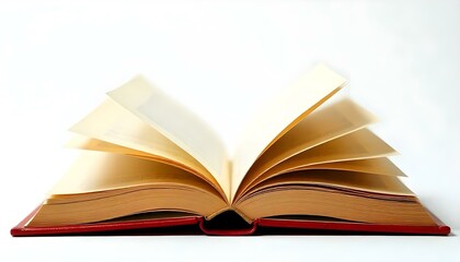 Fototapeta premium Un libro abierto con cubierta roja y páginas amarillas, las páginas están desplegadas, el libro está centrado y aislado sobre un fondo blanco, iluminación de estudio