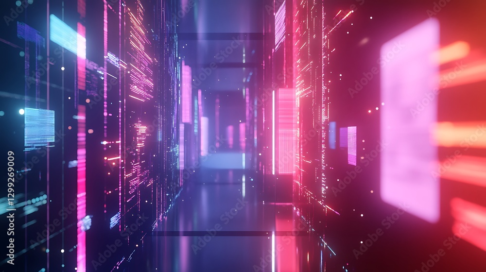 Poster an abstract background with swirling, neon-colored waves of data and light particles