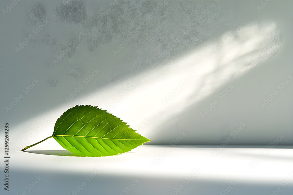Poster single green leaf resting on a white surface with soft sunlight casting a shadow, creating a minimal