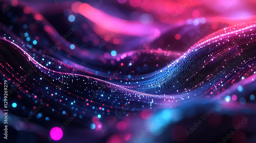 Poster an abstract background with swirling, neon-colored waves of data and light particles