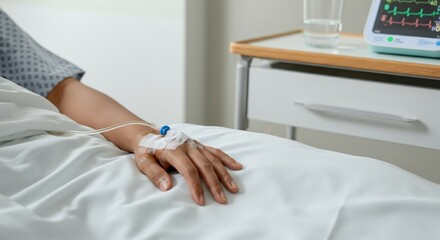 Obraz premium Hospital patient with IV drip in hand lying on bed