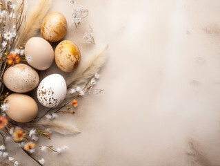 Flat lay composition with Easter eggs and sprin nature materials like herbs and feathers on neutral textured background with copy space. Easter and spring inspiration banner with copy space