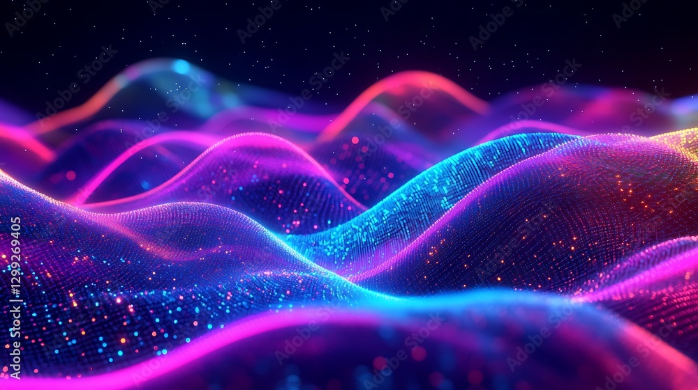 Poster an abstract background with swirling, neon-colored waves of data and light particles