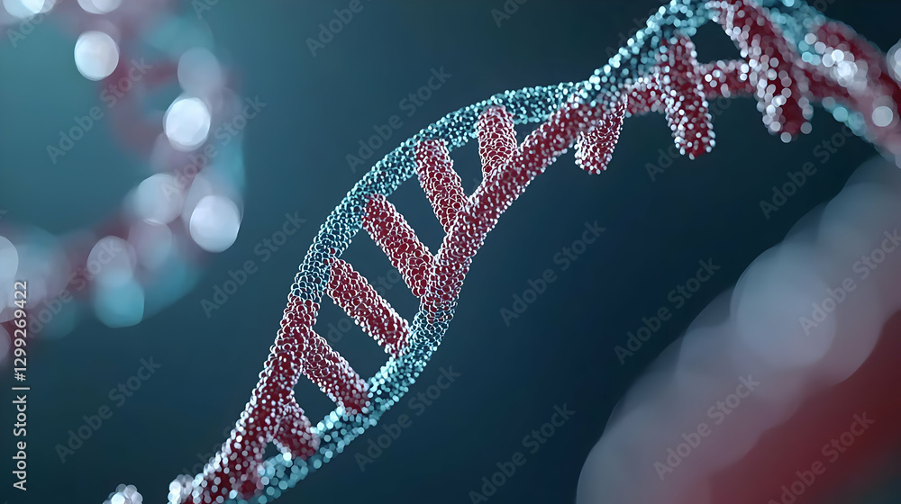 Poster close up of a dna double helix structure with red and blue strands on a dark blue background