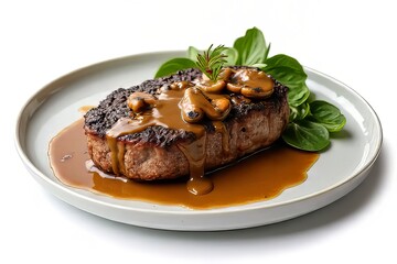 Delicious Steak with Mushroom Sauce and Greens