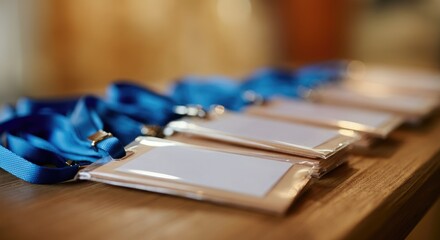 Blank name badges with blue lanyards on table