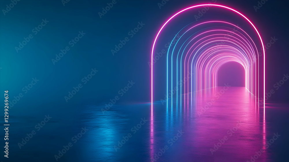 Poster neon illuminated tunnel with gradient colors and reflective floor creating futuristic perspective