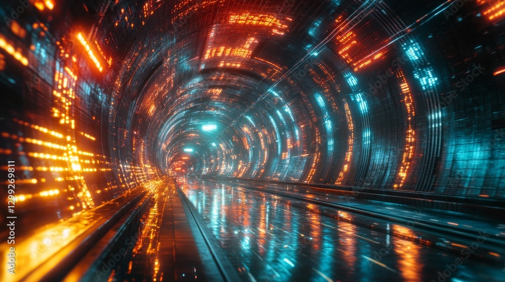 Poster futuristic data stream: glowing tunnel of information, tech infrastructure with cyberpunk aesthetic 