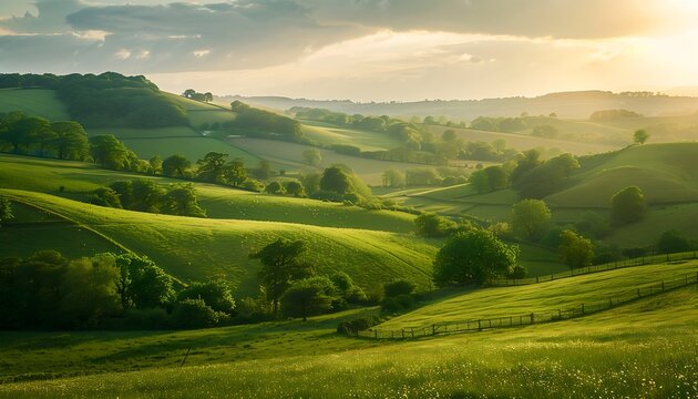 Sunset over rolling hills in the English countryside, with green fields