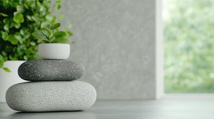 Stacked stones, plant, modern interior, peaceful scene, home decor, minimalist design, zen garden, calm atmosphere