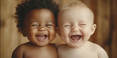 Two joyful babies share a moment of laughter while posing close together against a wooden backdrop